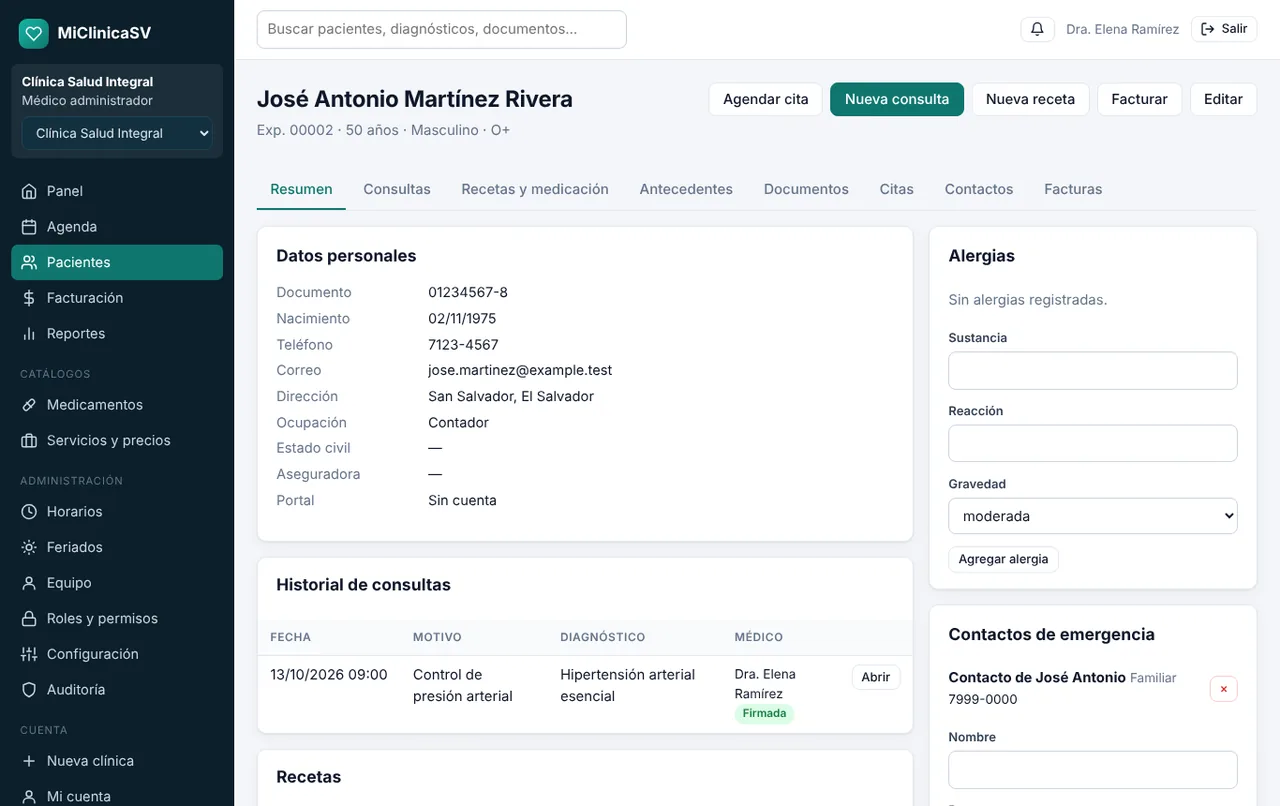 Expediente clínico de un paciente con antecedentes, alergias y consultas