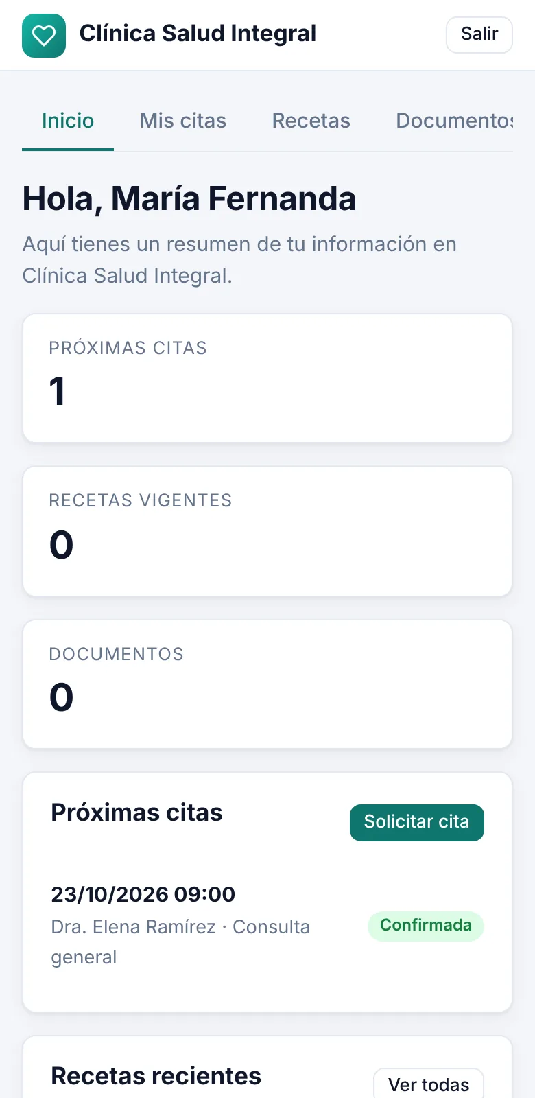 Portal del paciente en un teléfono, con sus próximas citas y recetas